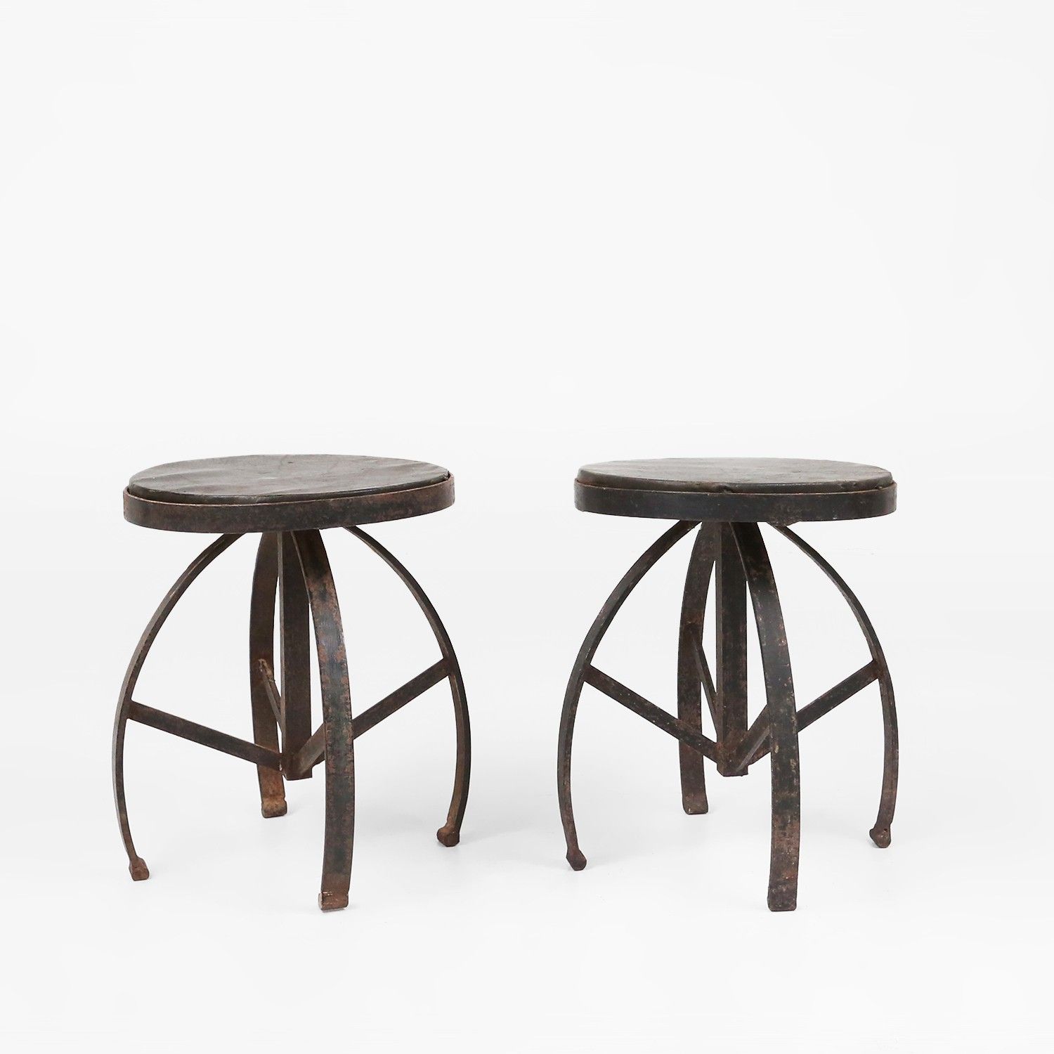 Set of 2 Industrial Black Metal Stools with Frame, France, 1920s-img